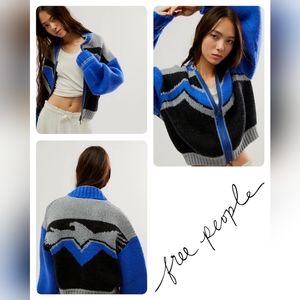 ❗️SOLD❗️FREE PEOPLE Sweater Lucky Bomber Jacket Zip up BLUE Eagle Medium